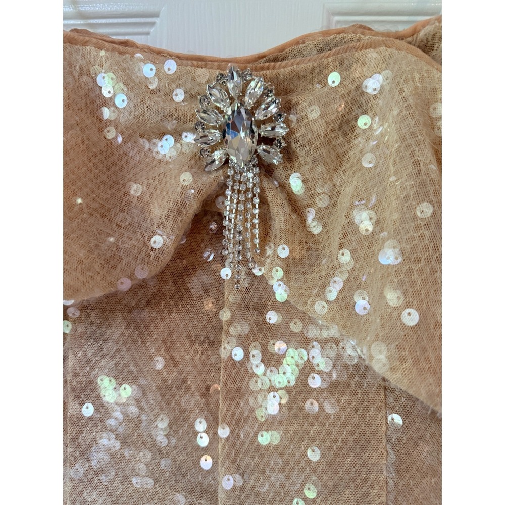 Self-Portrait Gold Sequin Off-the-Shoulder Midi Dress Diamante Brooch Size 10 - Picture 6 of 8